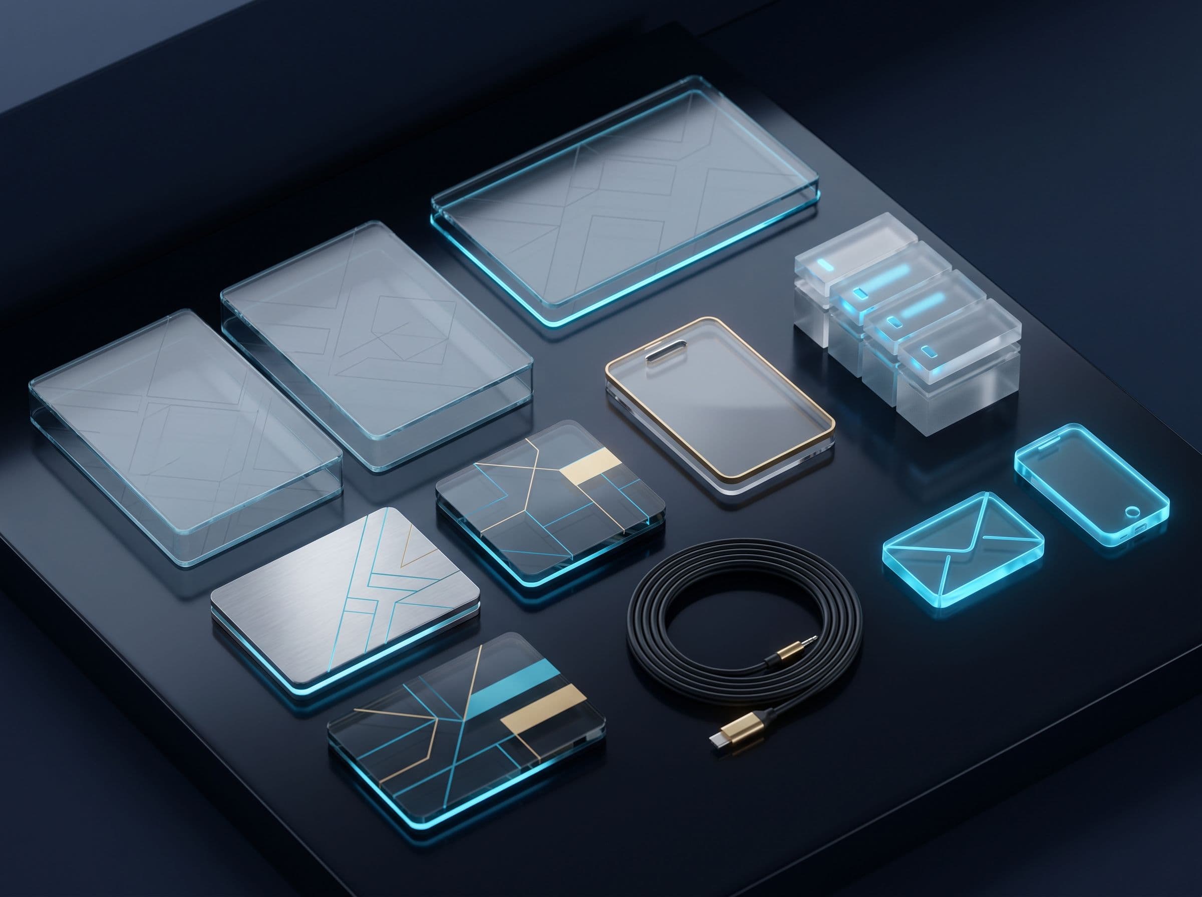Project readiness scene with abstract site plan panels, access cards, message icons, and organized cable.
