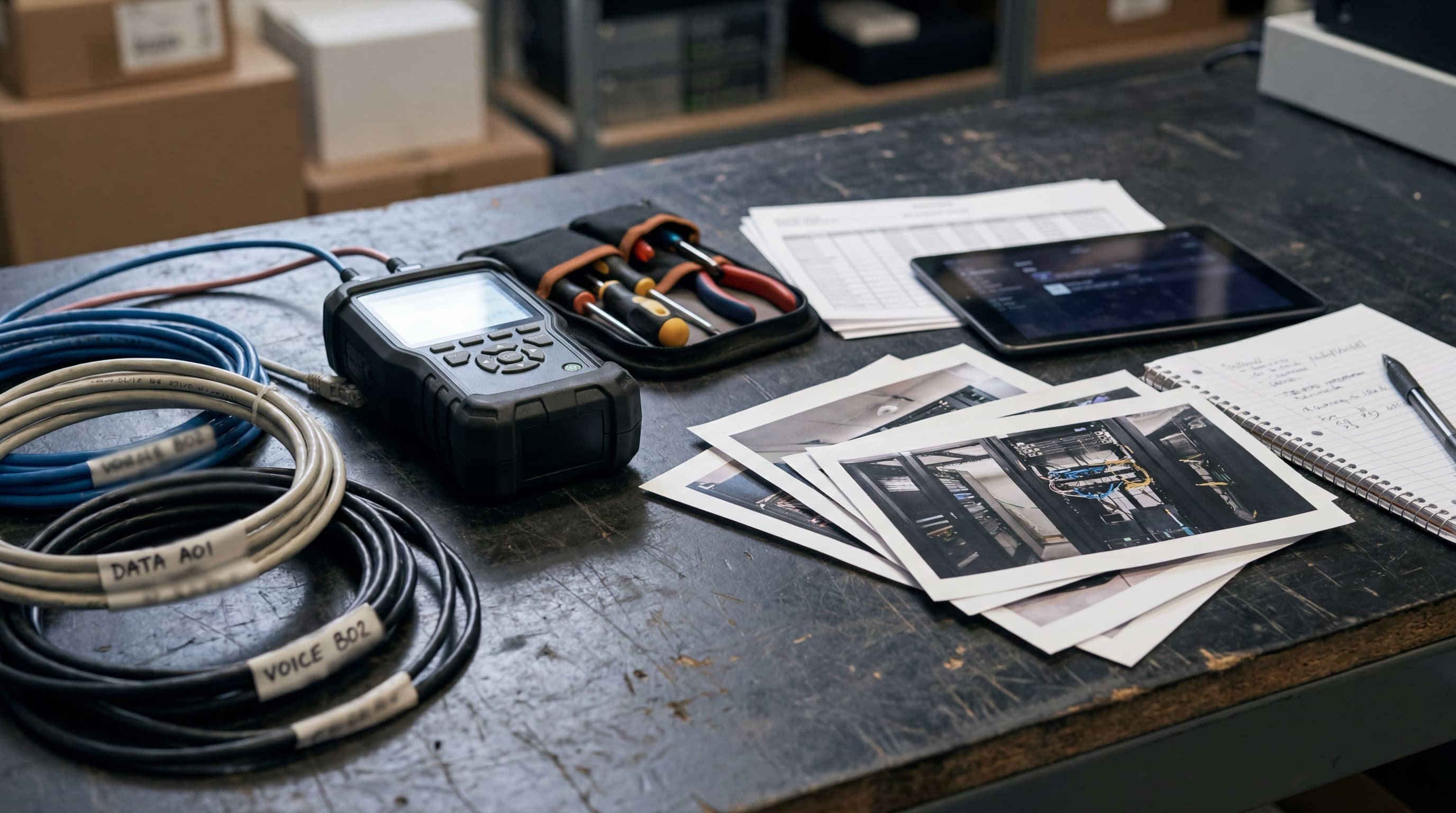 Closeout documentation scene with labeled cables, a checklist, field notes, and test equipment on a dark work surface.