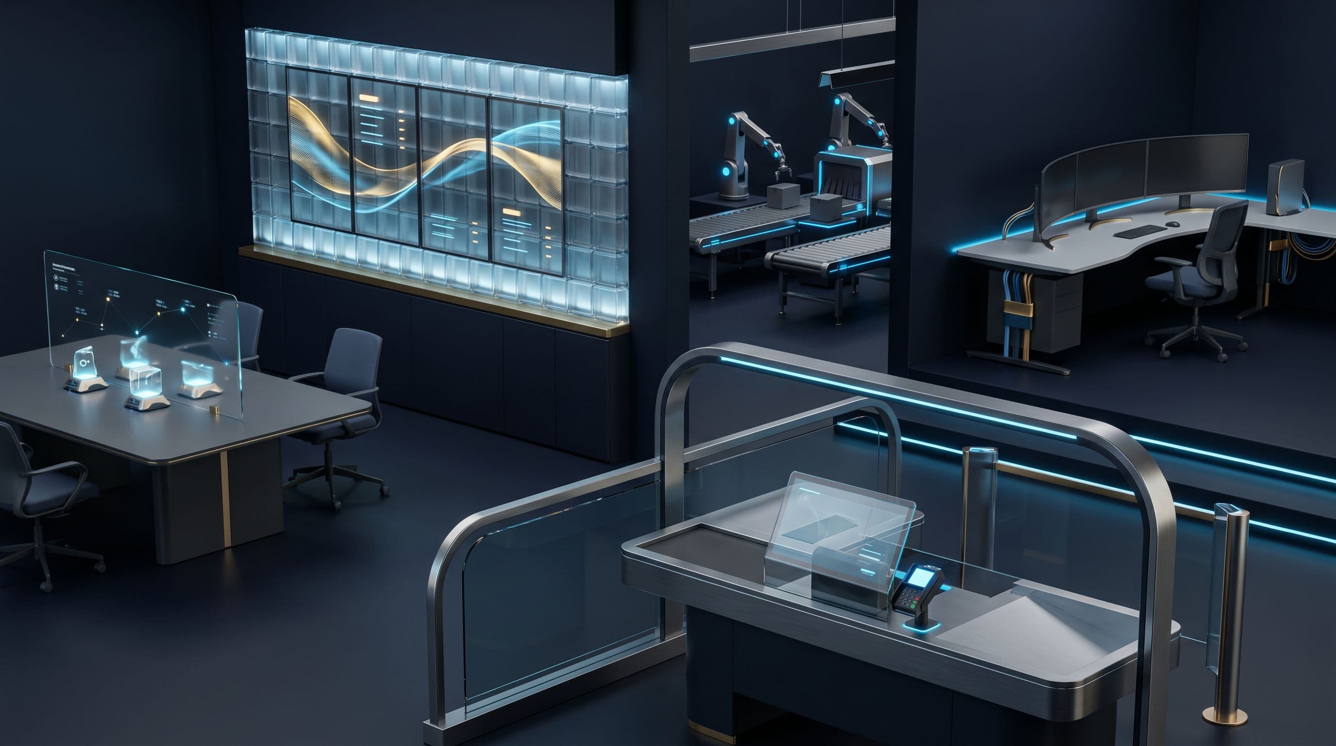 Polished montage of retail, office, restaurant, warehouse, and support environments with integrated commercial technology.