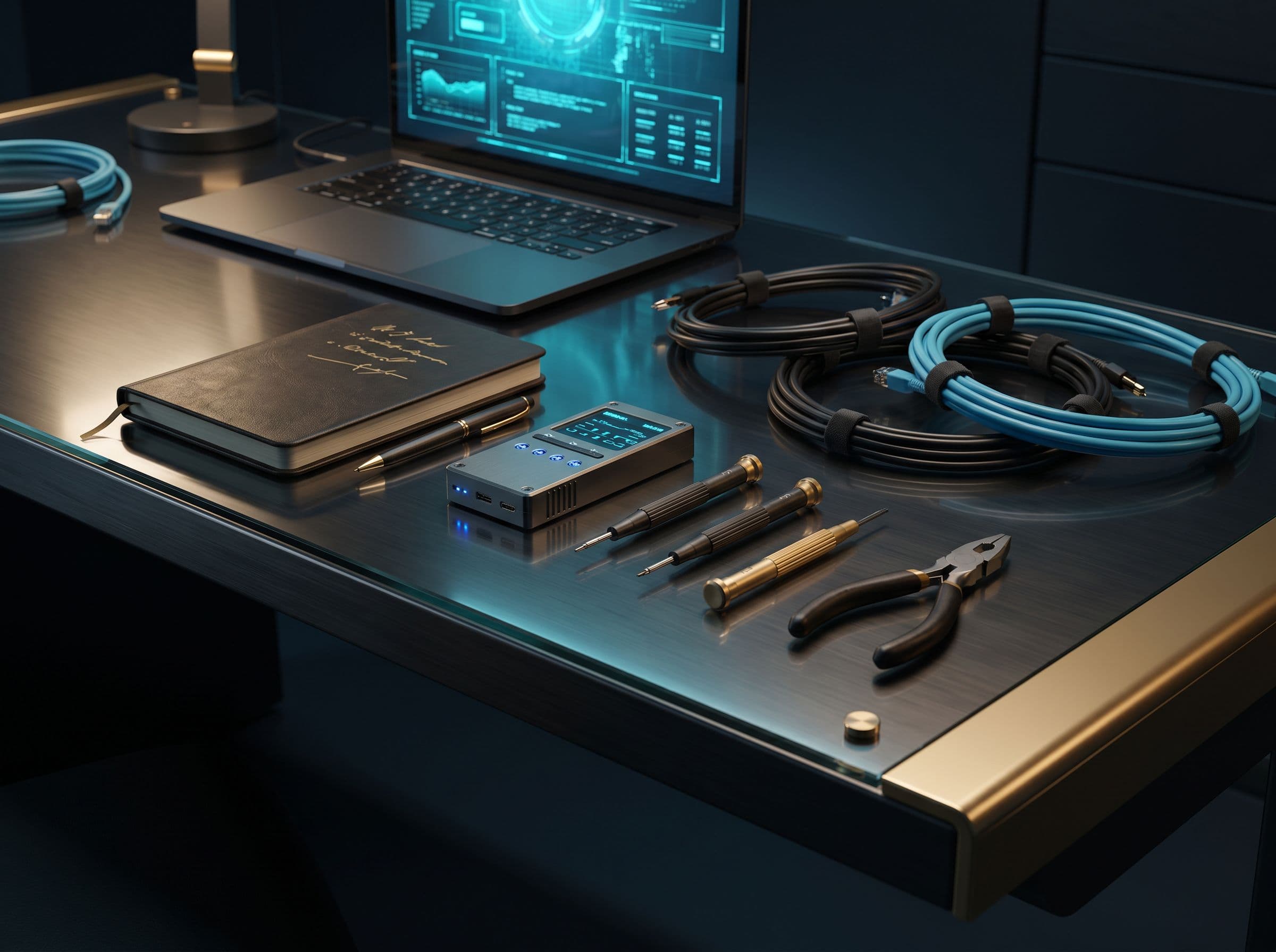 Organized operator workbench with laptop, precision tools, test equipment, and clean cabling.