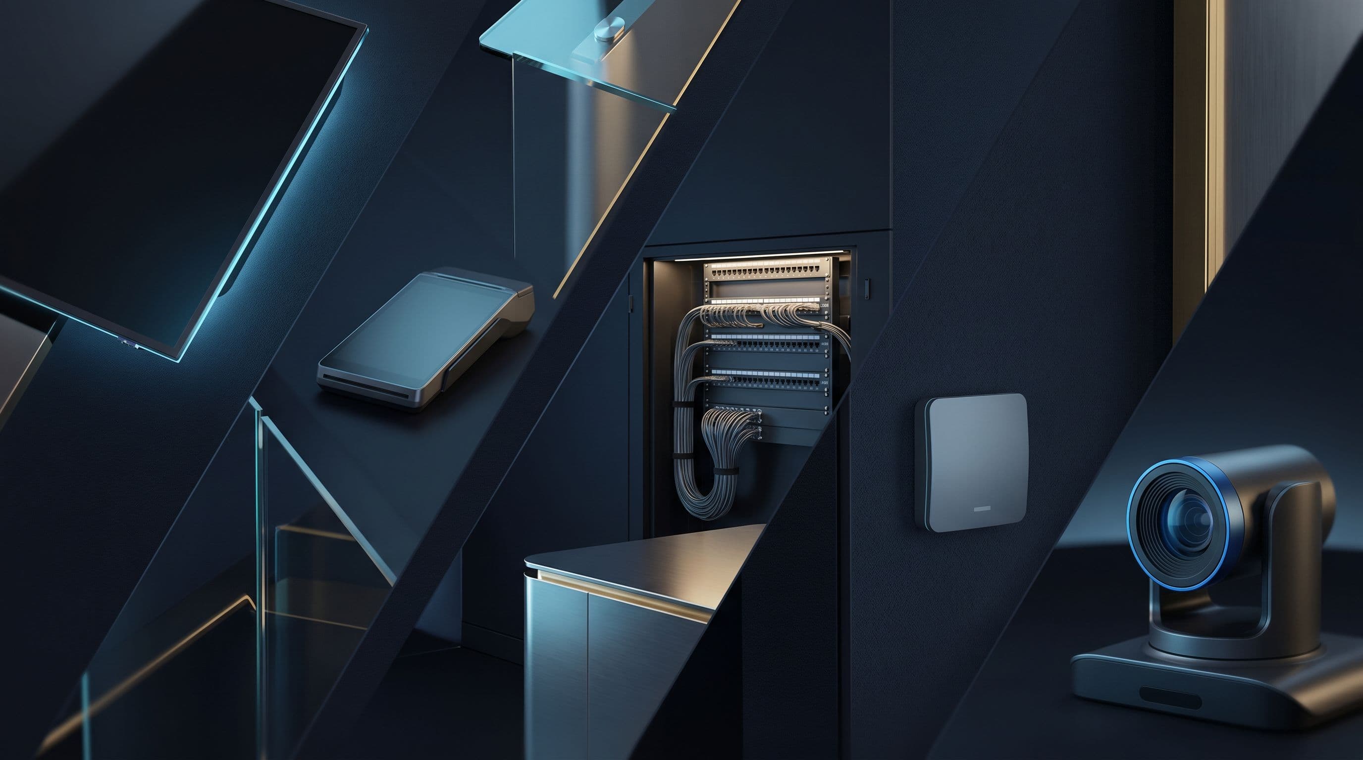 Premium commercial technology detail montage with AV, POS, cabling, networking, and camera hardware.