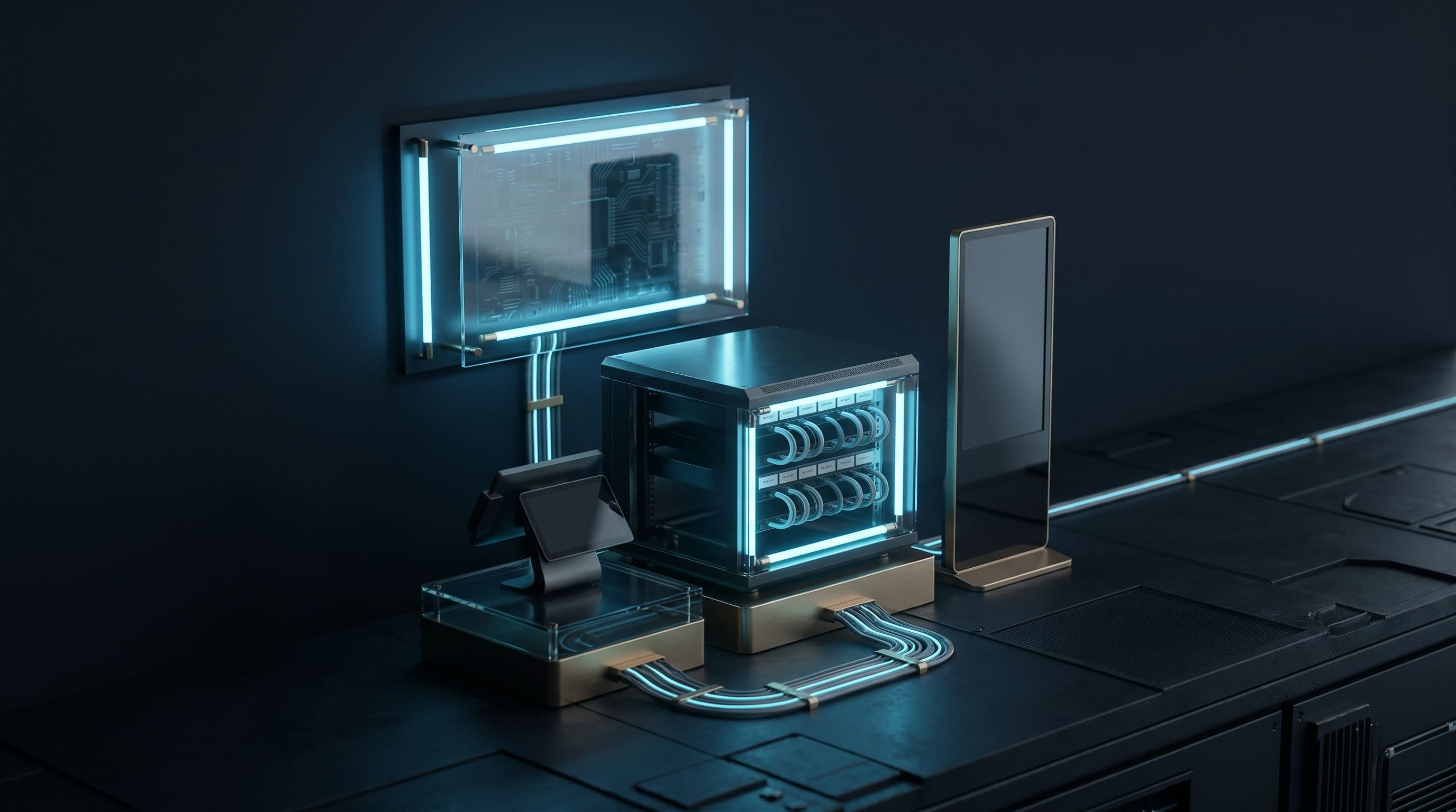 Polished commercial technology system with displays, network cabling, POS hardware, and digital signage elements.