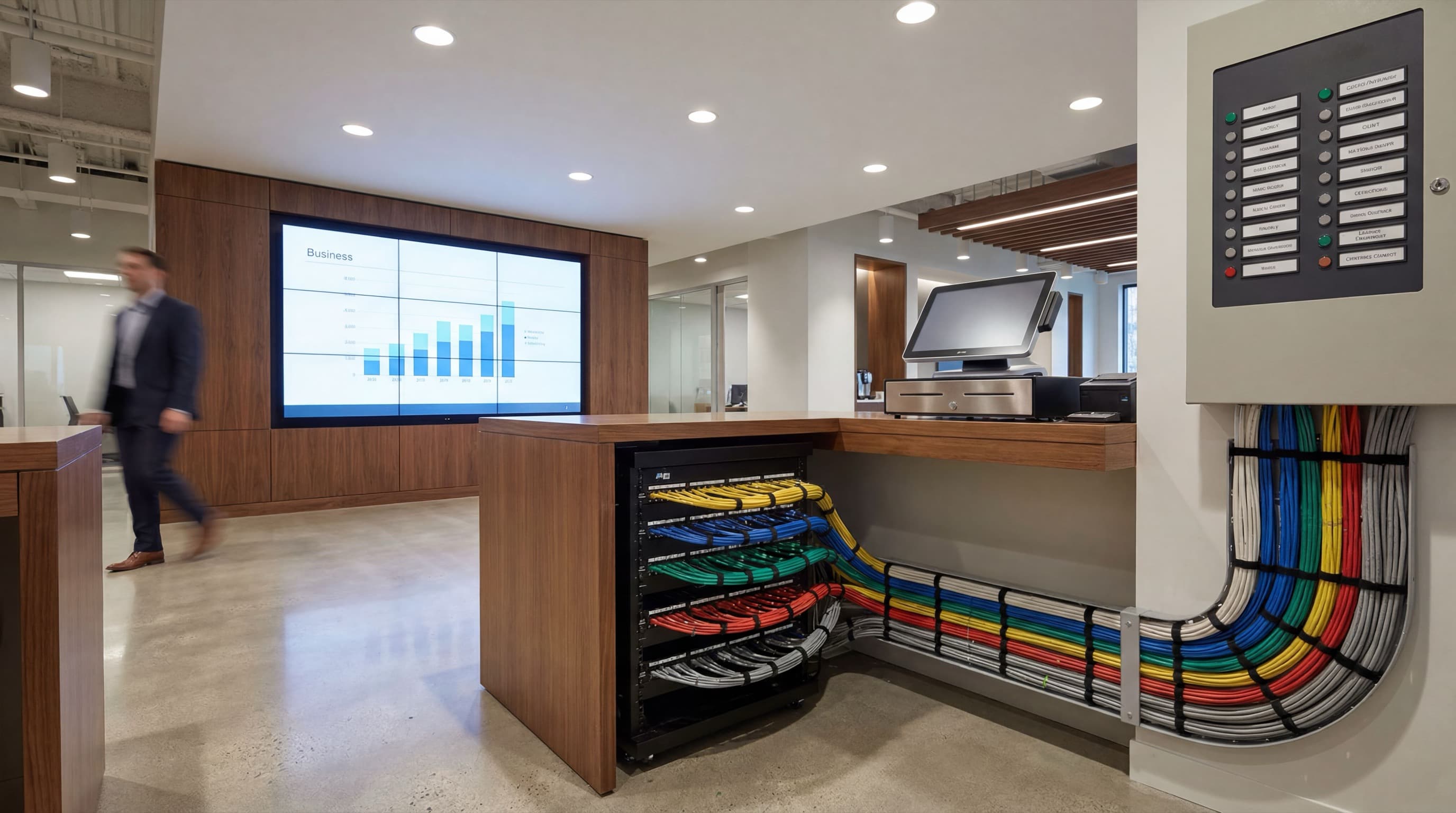 Installed commercial technology systems with displays, network cabling, POS hardware, and signage equipment.
